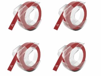 Rabatpakke! Dymo 3D tape. 4 stk hvid på rød plastiktape – 9 mm x 3 m – Kompatibel – S0898150