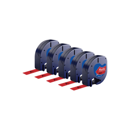 Rabat sæt! 5 stk. Dymo 91203 / 91223 sort på rød plastiktape 12 mm x 4 m - Kompatibel - S0721630